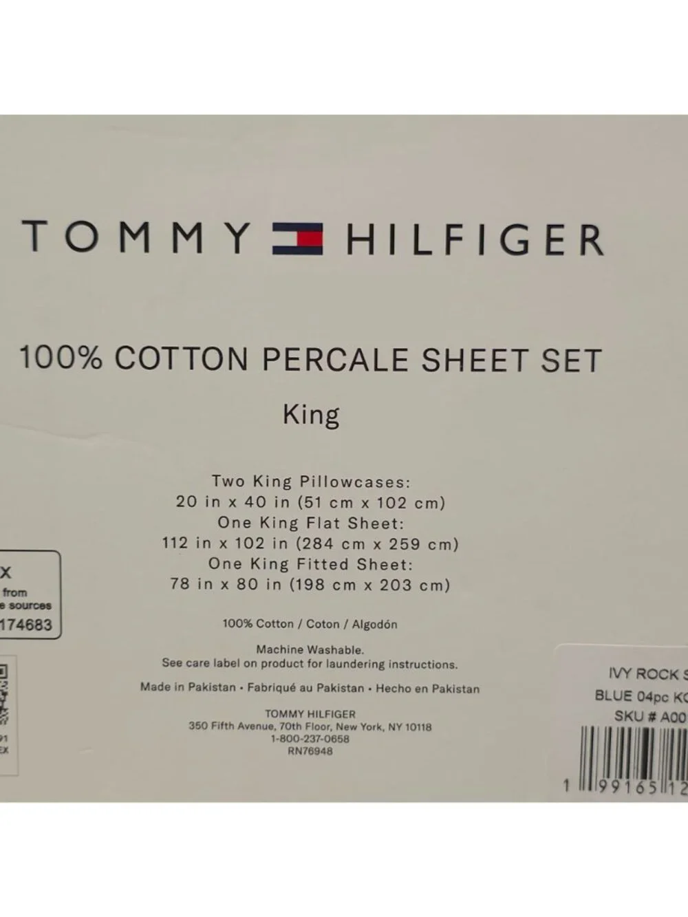 Tommy Hilfiger 100% Cotton Percale King Sheet Set Blue Stripe 4-Piece Denim Blue